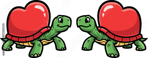 Two cartoon turtles with large red hearts on their shells facing each other on transparent background