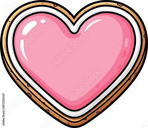 A pink heart-shaped cookie with icing and a decorative border on transparent background