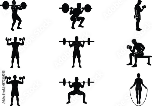 Fitness, exercise, workout, gym, strength training, dumbbells, barbell, jump rope, silhouette, icons, black 