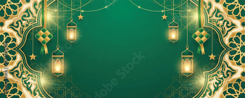 Islamic Eid Mubarak Background with Ketupat Ornaments and Glowing Golden Lanterns