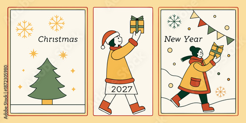 2027 Holiday Greeting – Festive Card with Christmas Tree, Gift Bearers & Colorful Flagsv