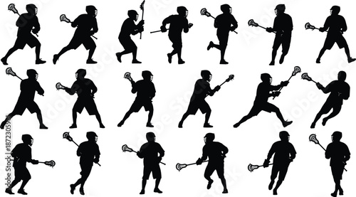 Lacrosse players, action poses, helmet, stick, sport silhouette, black vector, flat illustration, running, throwing, standing, dynamic, posture, motion, 