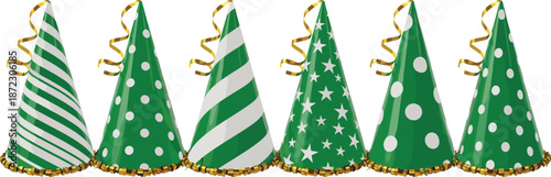 Green party hats set with stripes polka dots and star patterns decorated with gold tinsel isolated on white background festive vector illustration