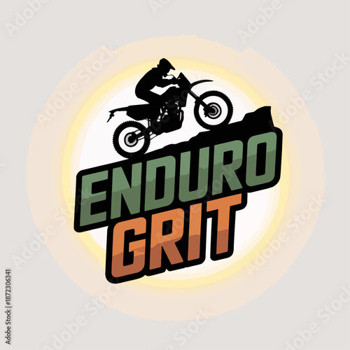 Enduro Grit dirt bike rider silhouette with glowing ring, rugged off‑road trail racing logo vector for enduro clubs, rallies, stickers and apparel