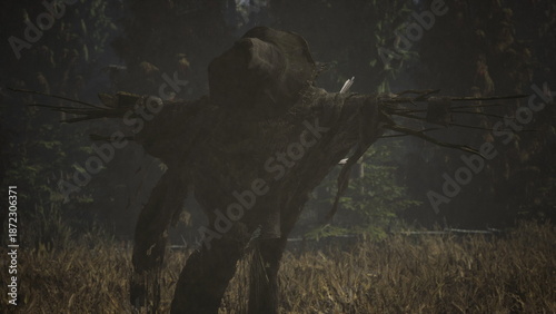 Photos A scarecrow looms in a misty field, its straw body blending with shadows as the sun sets, creating an eerie atmosphere that invites curiosity and trepidation among onlookers