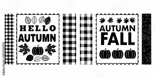 Black and white autumn themed signs with pumpkins leaves and gingham patterns