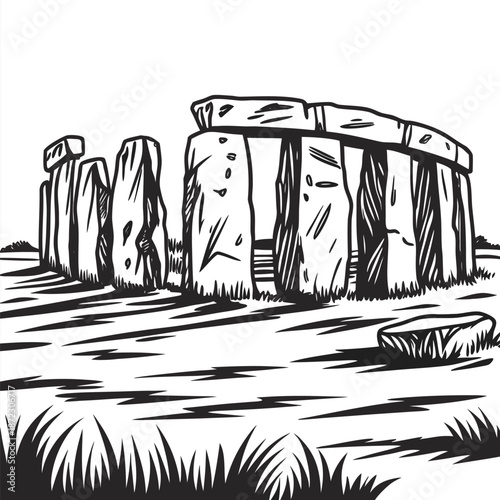 Black and White Vector Illustration of Stonehenge, Ancient Megalithic Monument in England