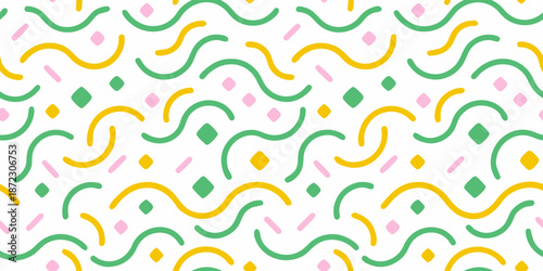 Colorful wavy lines and diamond shapes form a playful abstract background pattern