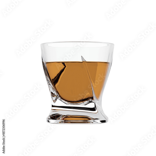 High-quality 3D render of whiskey glass with ice cubes, isolated on transparent background, premium bourbon scotch for liquor advertising and bar menu design.