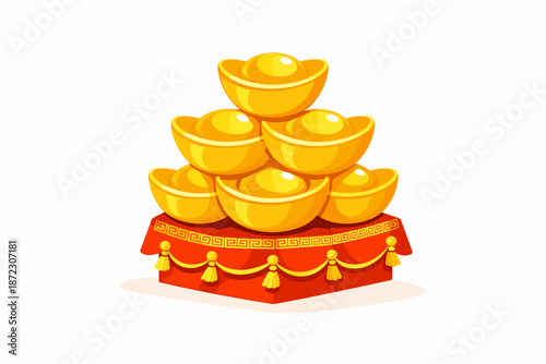 A stack of traditional Chinese gold ingots (sycee) arranged on a red decorative cushion, symbolizing wealth and prosperity.
