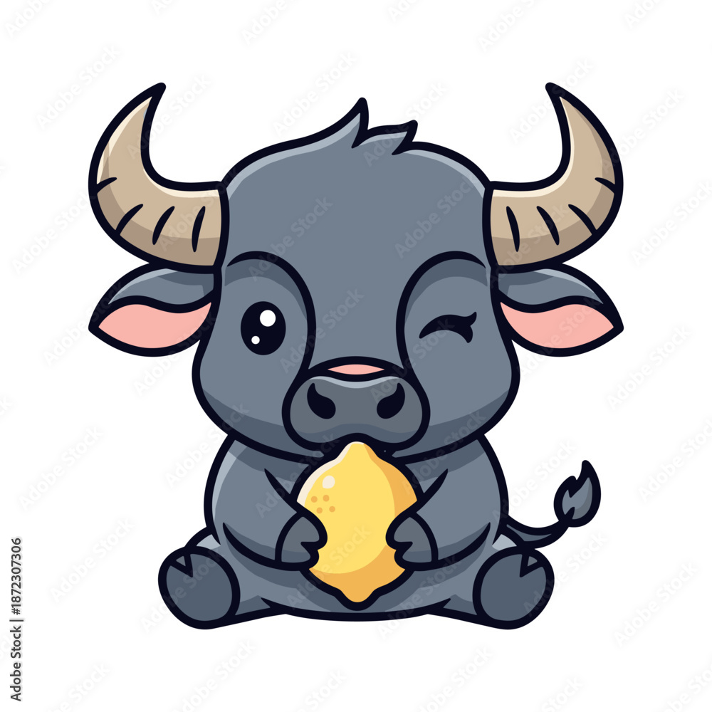 Fototapeta premium Cute cartoon bull with horns holding a yellow gemstone sitting on the ground