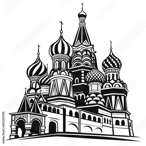 Black and White Graphic Drawing of Saint Basil's Cathedral, Iconic Russian Landmark