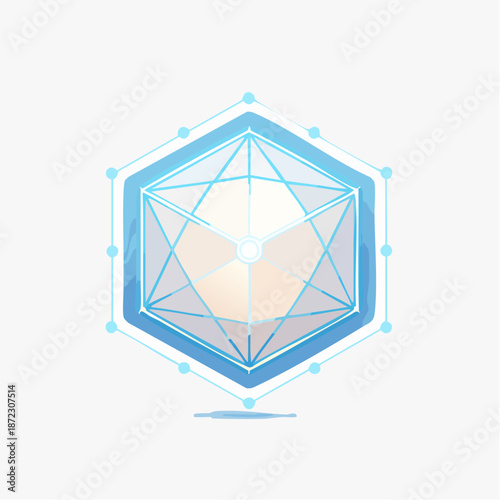 Futuristic Geometric Abstract Hexagon Icon with Data Network Wireframe Structure and Central Core Light