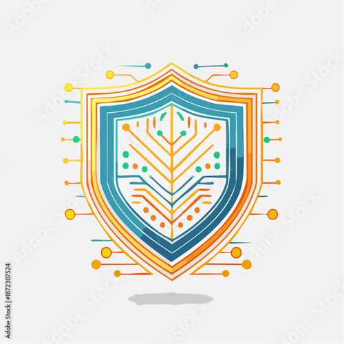 Colorful Digital Shield Vector Illustration: Cybersecurity, Data Protection, Network Security Icon with Circuitry Pattern