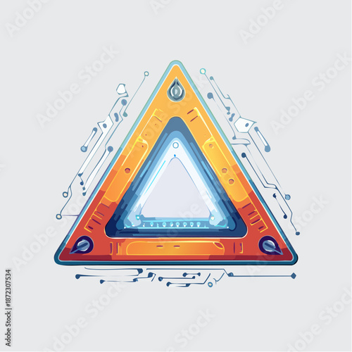 Futuristic glowing digital triangle core vector illustration with abstract circuit pathways background.
