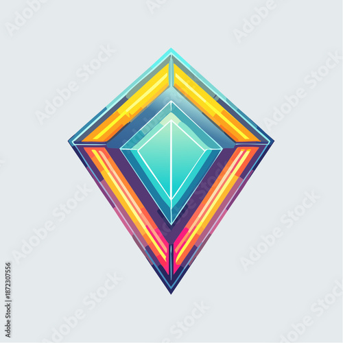 Futuristic Geometric Diamond Vector Illustration. Abstract Neon Prism Logo Graphic Element with Layered Vibrant Colors.
