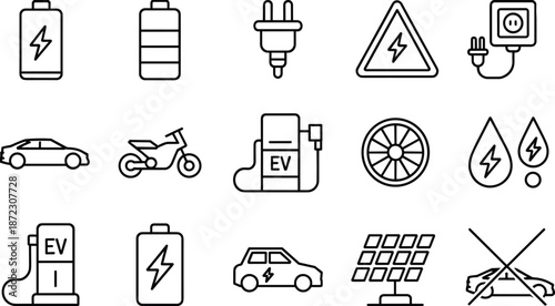 Electric vehicle and renewable energy line icons set featuring batteries, charging stations, solar power, and eco friendly transportation technology