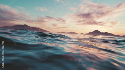 Serene Ocean Sunset With Calm Water Distant Mountains And Colorful Sky