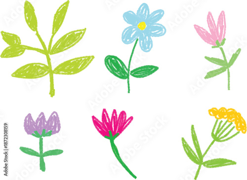 Colorful set of children's illustrations featuring pencil, chalk, or pastel textures on a lively spring floral background. Suitable for Easter, summer themes, or cheerful vector designs