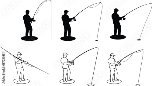 Angler fishing silhouette collection showing man casting and holding rod in various positions for sport fishing and outdoor recreation designs