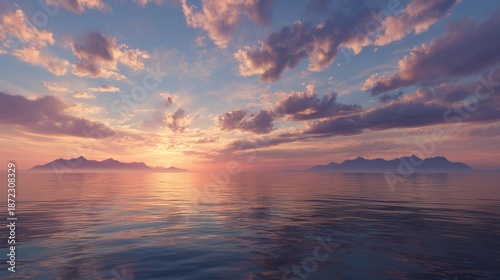 Serene Ocean Sunset With Calm Water Distant Mountains And Colorful Sky