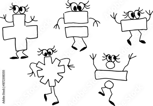 Set of arithmetic symbols with eyes and hands, hand-drawn with rough, curved lines in a grunge style inspired by children's drawings. Fun, playful, and eye-catching - perfect for educational, creative