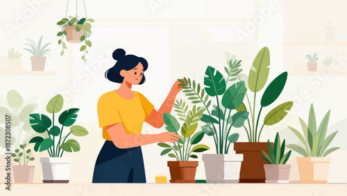 Woman tending to indoor plants