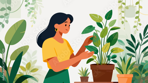Woman tending to potted plants