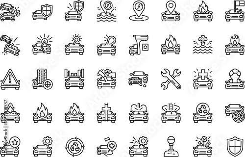 Car accident and safety line icons, vehicle insurance, emergency alert, roadside assistance, auto repair, hazard warning, outline vector set