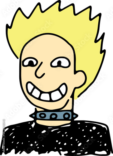 Hand-drawn doodle of a fun, blonde punk with tousled hair. Grunge line art style, ideal for avatars, icons, posters, or logos. Perfect for edgy, youthful, or alternative designs