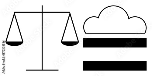 Balance scale representing justice and fairness next to cloud storage icon symbolizing modern technology. Ideal for themes thumbs up law, technology, cloud computing, data, justice, balance
