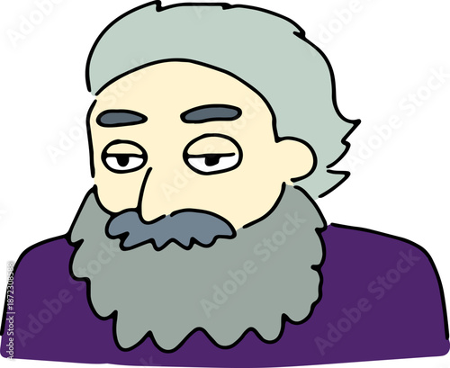 Hand-drawn doodle of an elderly, gray-haired, bearded man with a sad expression. Grunge line art style, suitable for avatars, icons, posters, or logos. Perfect for somber, reflective, artistic themes