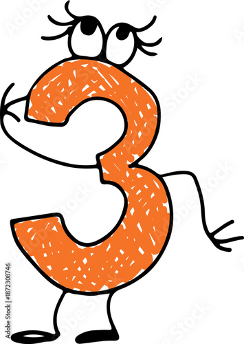 Wallpaper Mural Playful orange number three with eyes and hands, drawn with rough, curved grunge lines in a childlike style. Bright and cheerful ideal for kids projects and fun illustrations Torontodigital.ca