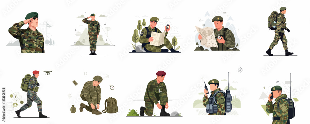 Naklejka premium Flat vector set of military soldiers engaged in duty, including saluting, navigation, walking, and communication during field training operations.
