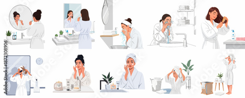 Daily self-care and beauty routine set: woman in a white bathrobe brushing teeth, washing face, applying skincare products, and drying her hair.