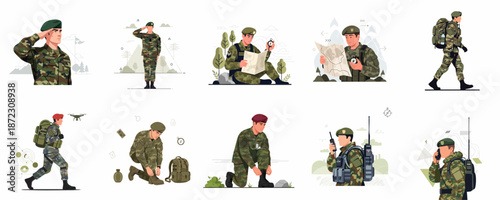 Flat vector set of military soldiers engaged in duty, including saluting, navigation, walking, and communication during field training operations.