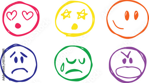 Colorful hand-drawn emojis illustrating feelings like joy, anger, or sorrow with rough grunge strokes. Fun, expressive, and perfect for casual projects