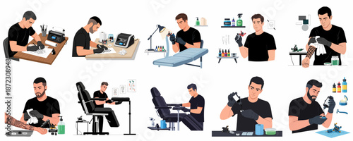Collection of Vector Illustrations Showing Male Tattoo Artist Working, Preparing Equipment, and Applying Designs in a Professional Studio.
