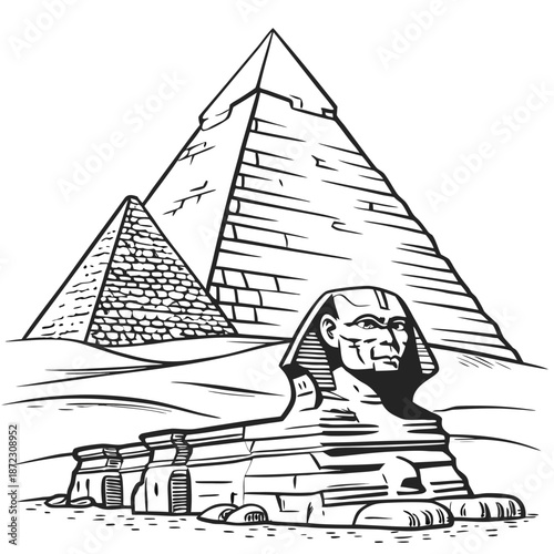 Detailed Architectural Illustration of Ancient Egyptian Pyramids in Black and White Vector Art