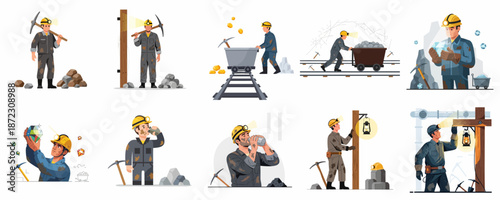 Mining profession and hard work vector set. Illustrations of male miners extracting coal, gold, and diamonds, pushing carts, resting, and carrying pickaxes.