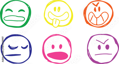 Collection of vibrant doodle facial expressions showing human emotions, created with rough, grunge-style lines. Suitable for playful and informal designs