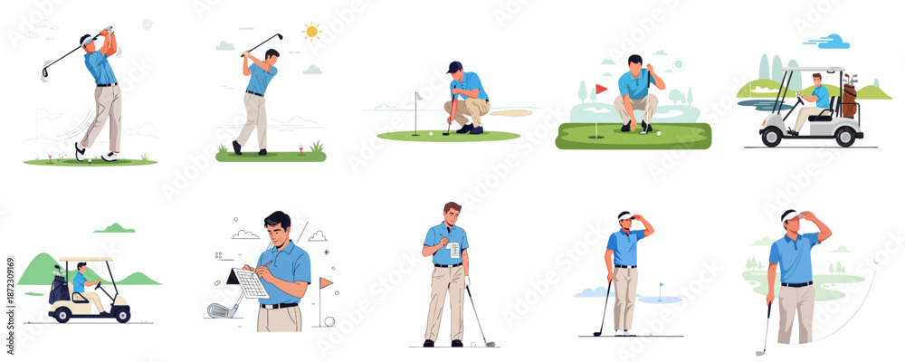 Fototapeta premium Golf player flat vector illustration set showcasing various actions like driving, putting, checking score, and riding the cart on a sunny golf course.