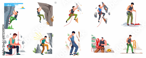 Flat vector illustration set showing male climbers scaling rocks and preparing safety gear, ropes, and harnesses for mountain sport and adventure.