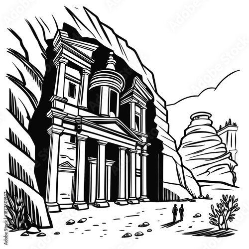 Black and White Vector Illustration of the Al-Khazneh Treasury in Petra Carved into Rock Cliffs