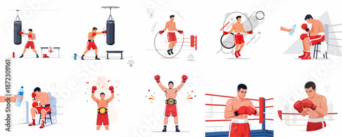 Boxer activities and success journey set: professional athlete training, resting, and celebrating championship victory in the gym and ring.