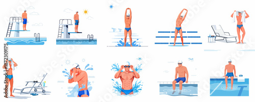 Vector illustrations set of a male swimmer preparing for a dive, stretching, warming up, and relaxing at the pool side.