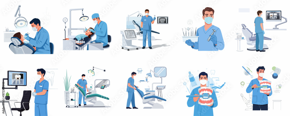 Fototapeta premium A comprehensive set of illustrations depicting dentists performing examinations, providing treatments, holding instruments, and demonstrating oral hygiene in a modern dental clinic.