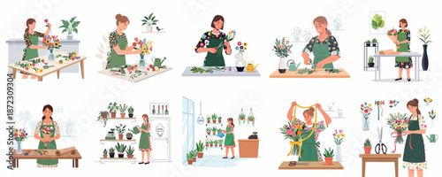Florist at Work: Set of ten vector illustrations showing women creating beautiful bouquets, trimming fresh flowers, and tending to plants in a vibrant flower studio.