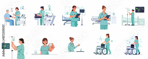 Professional nursing care routine scenes: measuring vital signs, administering medicine, monitoring patients, and assisting mobility in a hospital setting.