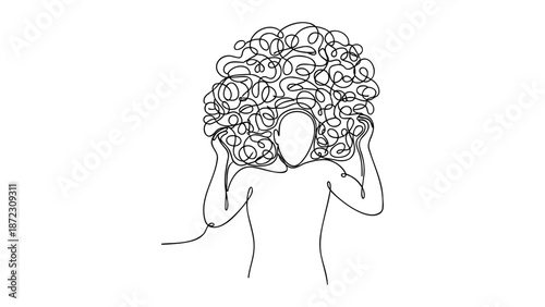 A person overwhelmed by thoughts, struggling with mental health, standing alone in a blank space, depicted in a continuous line drawing, viewed from behind